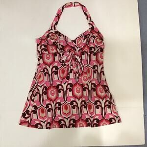 CDR Vintage Babydoll Halter Pink Red Brown Retro Geo Print Top Large Y2K